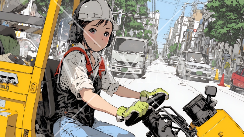 建設現場で重機を操作する若い女性