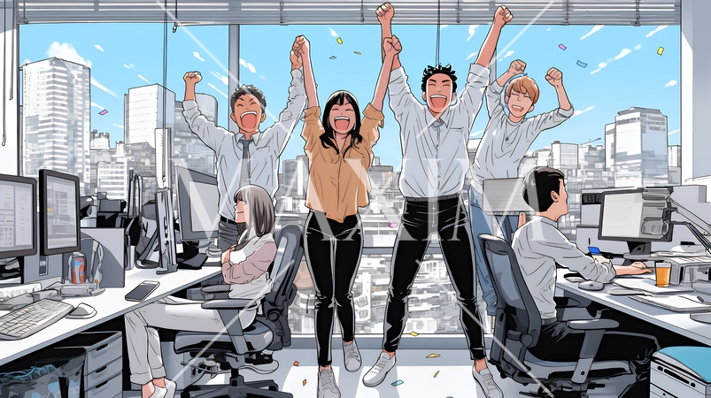 プロジェクト成功を喜ぶスタートアップチーム｜オフィスで大喜びするビジネスパーソン