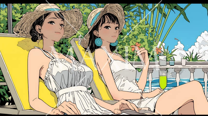 プールサイドのデッキチェアで談笑する女友達たち｜夏のリゾートで過ごすリラックスしたライフスタイルイメ