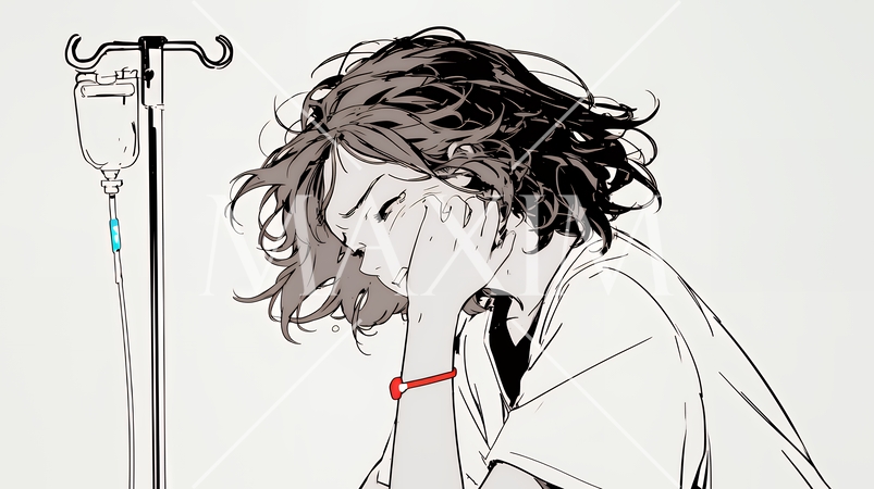 病院のベッドに腰掛けて気落ちしている女性（シンプルな色使い）