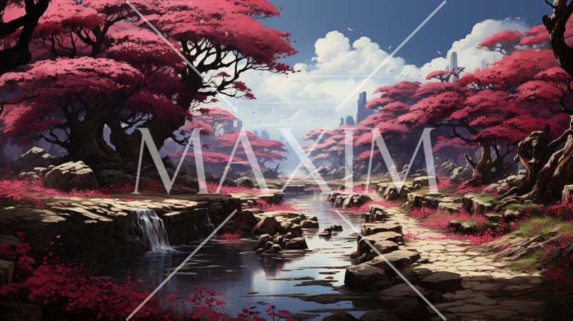 都会のビル群の前に広がる桃源郷：桃・梅・桜の花が咲き乱れる里