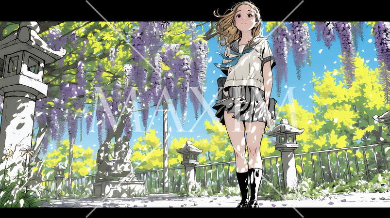 満開の藤の花の下を歩いている女子高生