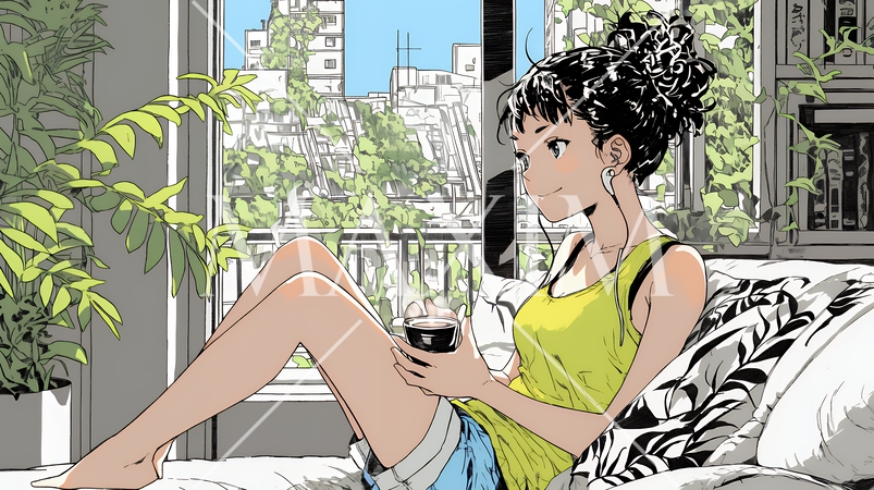 リビングで紅茶を飲んでいる女性