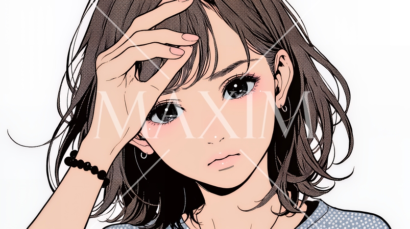 額に手を当てて「困ったな」ポーズをしている若い女性