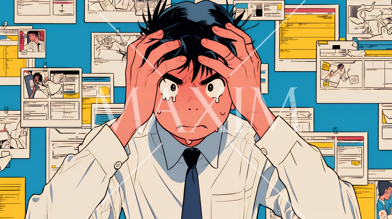 深夜残業で疲弊する会社員｜過労とストレスに悩むビジネスパーソン（ブラック企業イメージ）