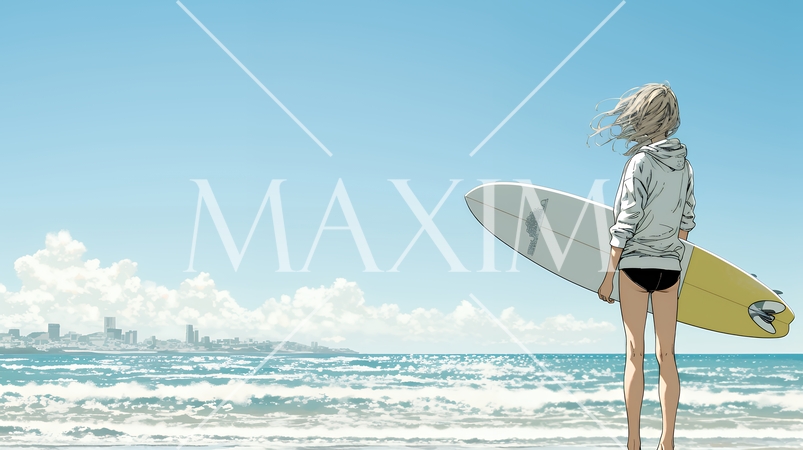 サーフボードを持ち海を見つめる若い女性｜ビーチ・リゾート・ライフスタイル・アウトドア