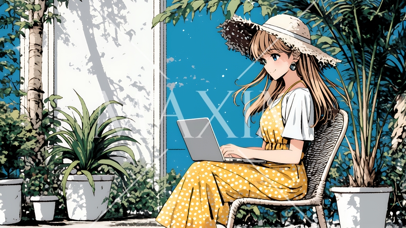 ワーケーション：休暇を楽しみながら仕事をしている女性