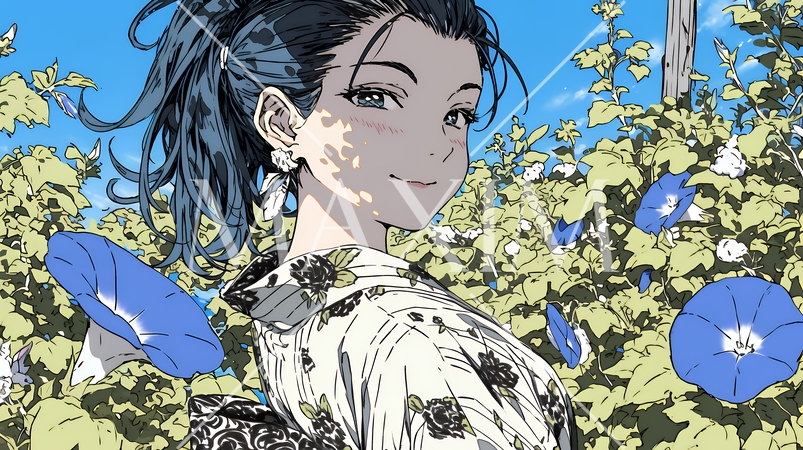 アサガオと浴衣姿の若い女性