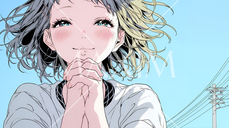 にっこり笑って手を合わせて「お願い」と甘える若い女性