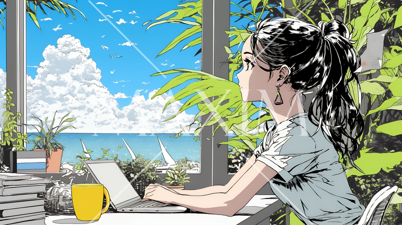 ワーケーション：休暇を楽しみながら仕事をしている女性