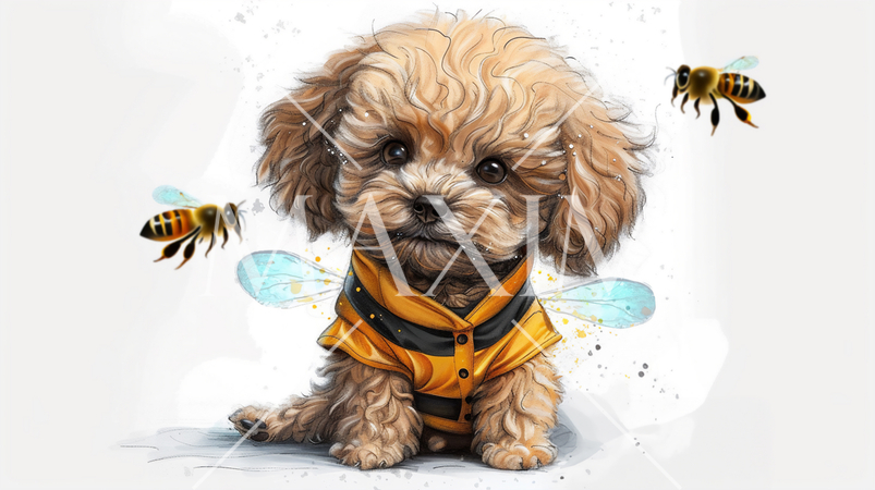春の日にミツバチのコスプレのトイプードルに蜂が寄ってきた