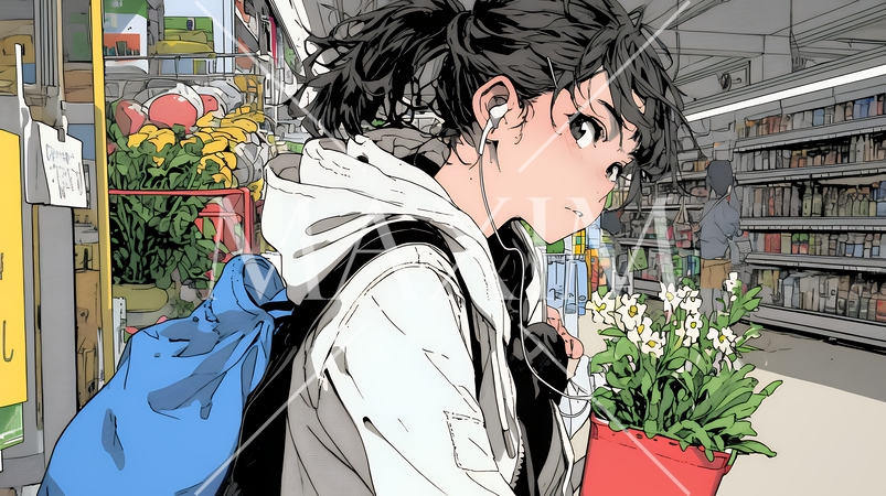 スーパーマーケットで買い物をしている若い女性