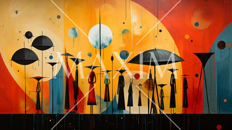 雨の日に傘をさしている人々のキュービズム的描写