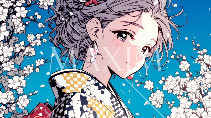 満開の梅の花と和服姿の若い女性