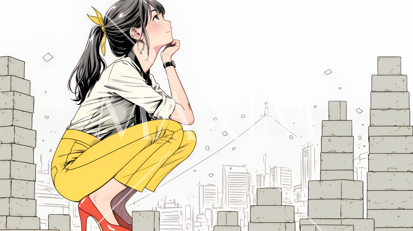 コンクリートブロックを積み上げているビジネスウーマン：計画の段階的積み重ねの比喩