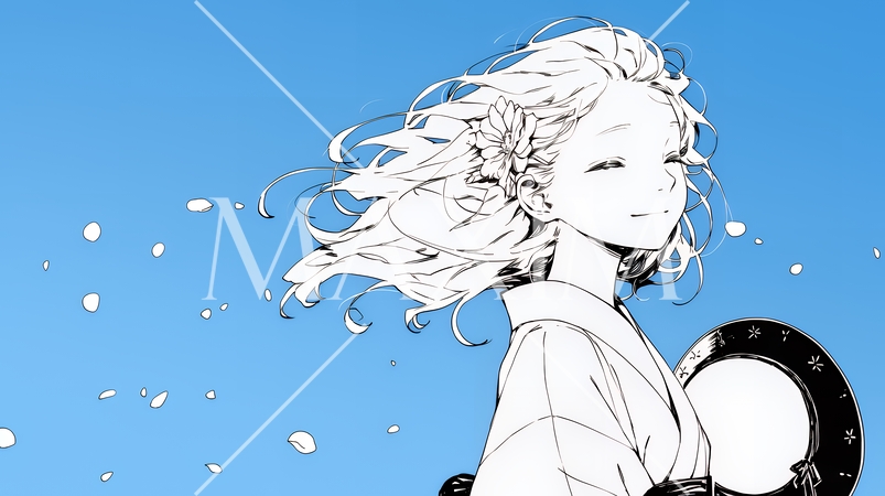 春風に飛ばされそうな帽子を、手で押さえる若い女性（シンプルな色使い）