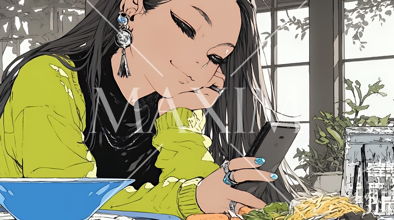 食事の最中もスマホを手放せない若い女性