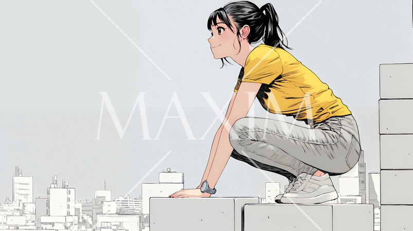 コンクリートブロックを積み上げているビジネスウーマン：計画の段階的積み重ねの比喩