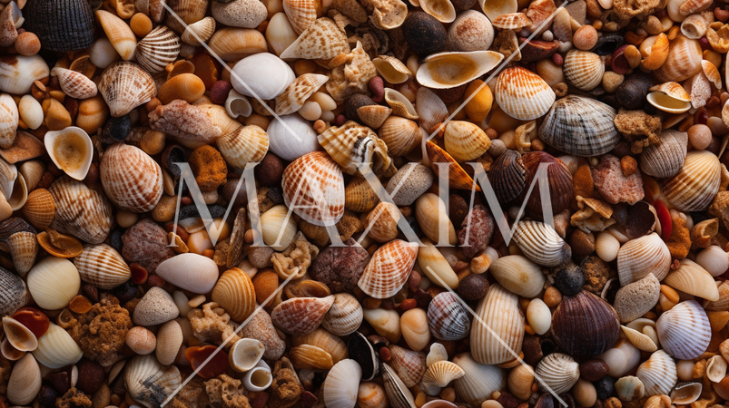 色々な貝殻が並べられた背景画像：精緻CG画像