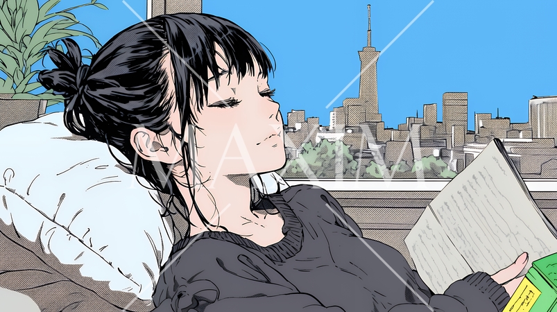 資料（本）を読みながら、うとうと眠ってしまう若い女性