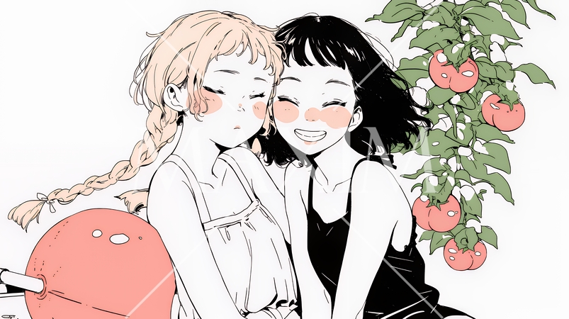 夏休みの思い出：友達と海水浴に行く（シンプルな色使い）