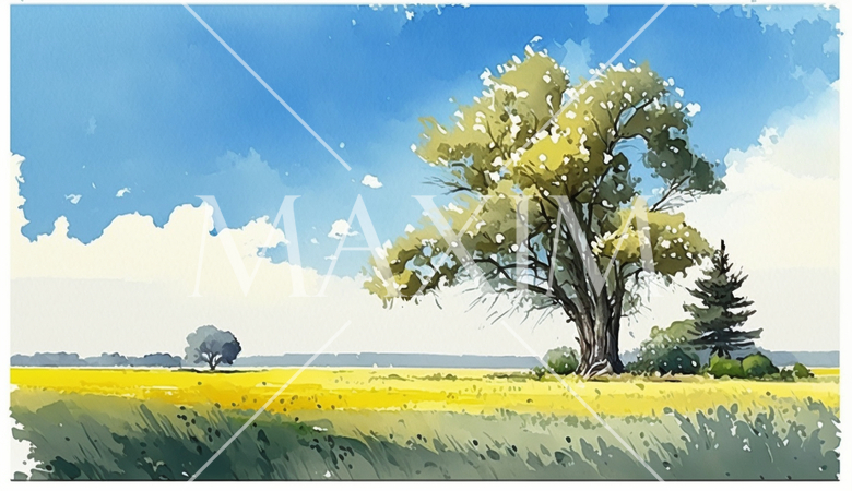 草原と青空を水彩画で表現