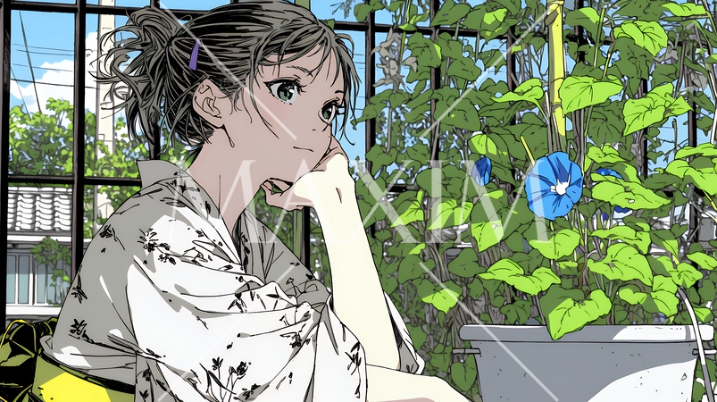 アサガオと浴衣姿の若い女性