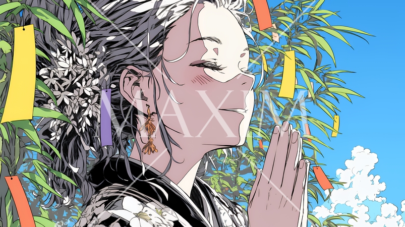 七夕飾りと和服を着た若い女性