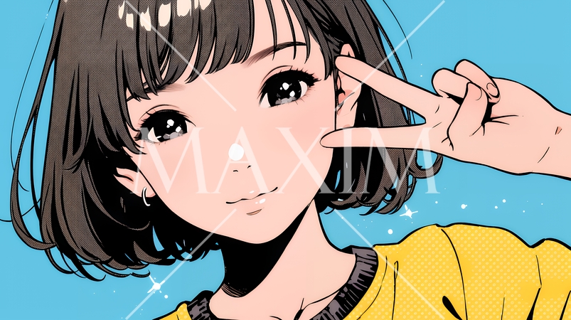 笑顔でピースサインを見せる若い女性