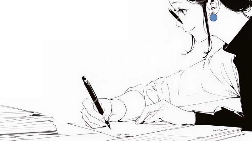 素晴らしいアイデアが浮かんでメモを走らせている女性（シンプルな色使い）