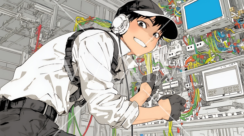 配線工事をしている男性作業員