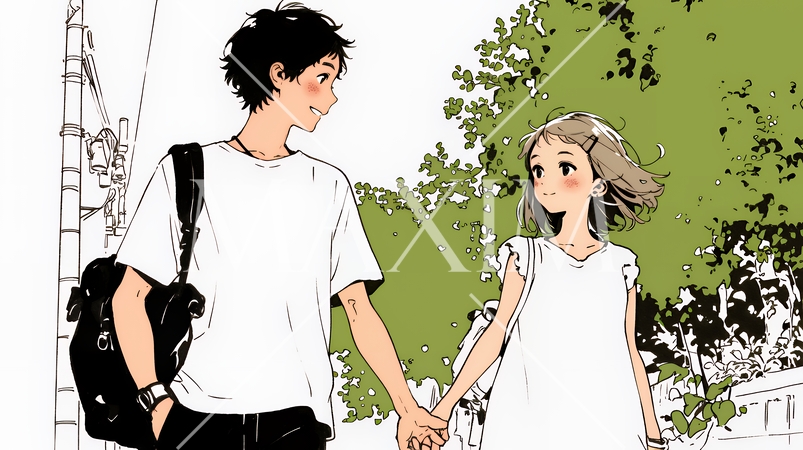 幸せそうなカップル：散歩中（シンプルな色使い）