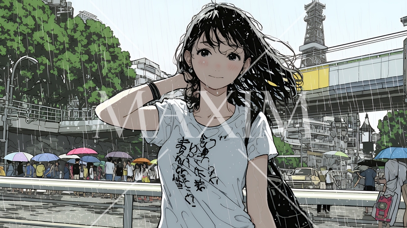 夏の急な雨でびしょ濡れの若い女性