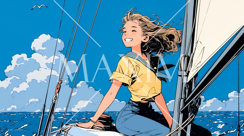 ヨットに乗っている若い女性