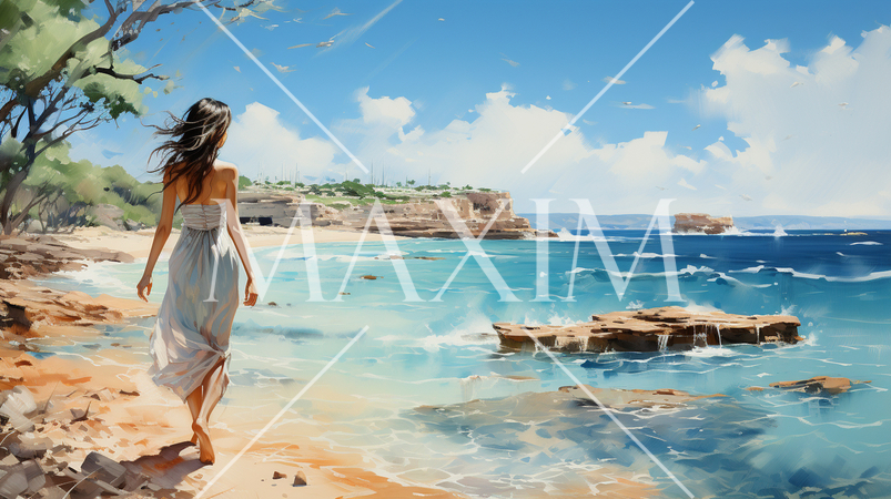 南国の青い空の下、美しい浜辺を歩く若い女性：水彩画