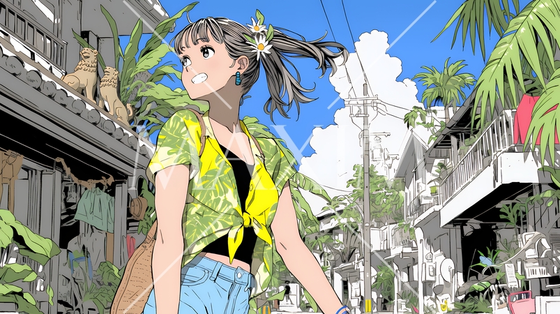 沖縄を一人旅している若い女性