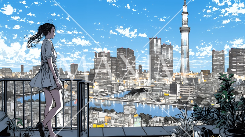 都市の夜景を眺めている女性