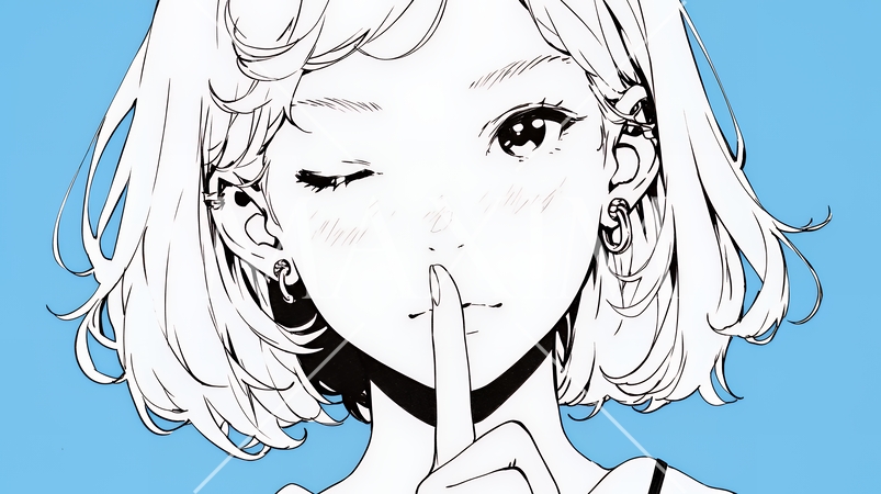 指を唇に当てて「シーShh」というジェスチャーをしている女性（シンプルな色使い）