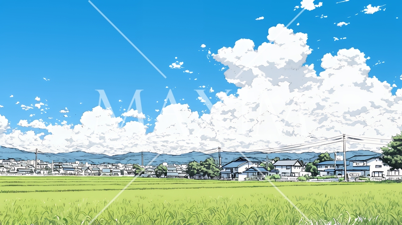 郊外の田園風景と夏空と入道雲