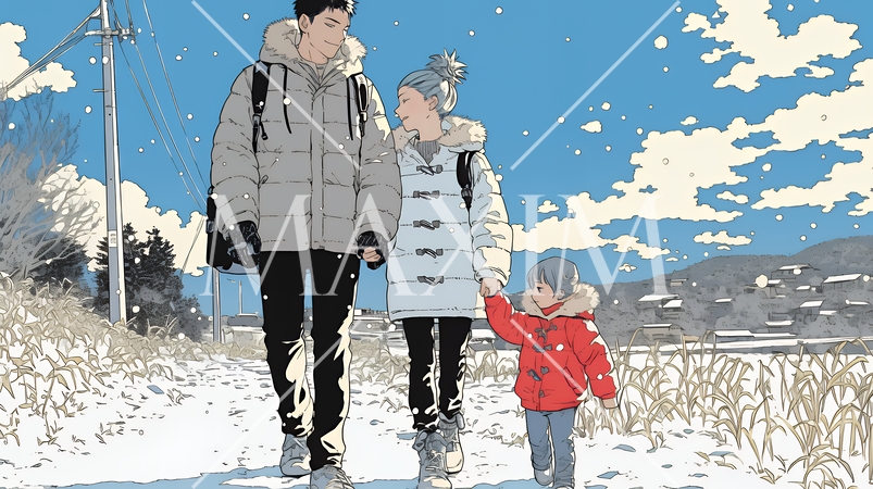 仲の良い家族：父親、母親、その子どもが仲良く連れ立って歩いている