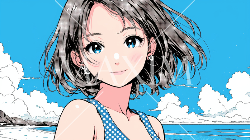 青い空と青い海と入道雲とビキニを着た女性