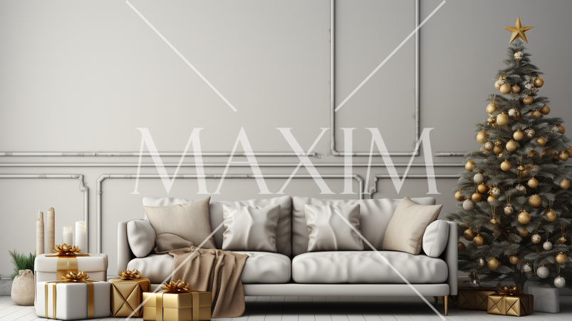 クリスマスツリー飾りのある白基調の居間