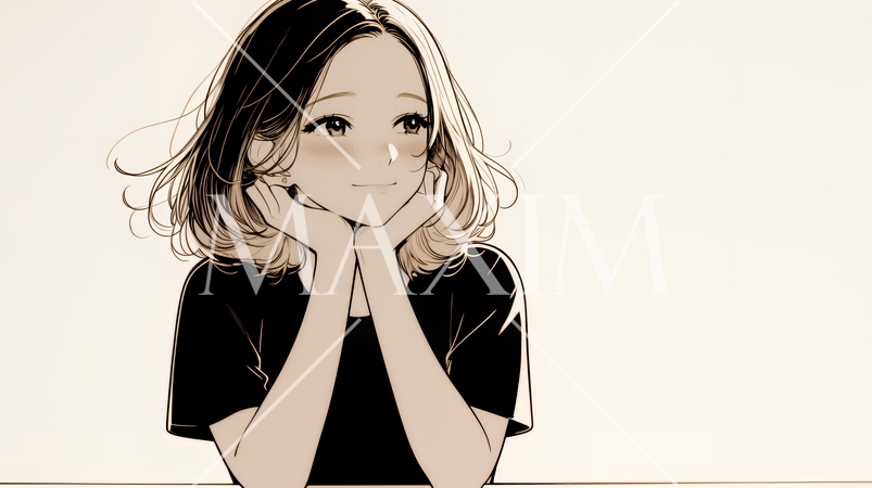 会議で発表している男性に魅了され、新しい恋の予感を抱いた若い女性（シンプルな色使い）