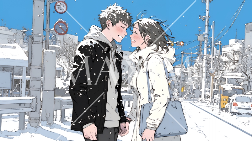 冬枯れ街をデートしている若い恋人たち