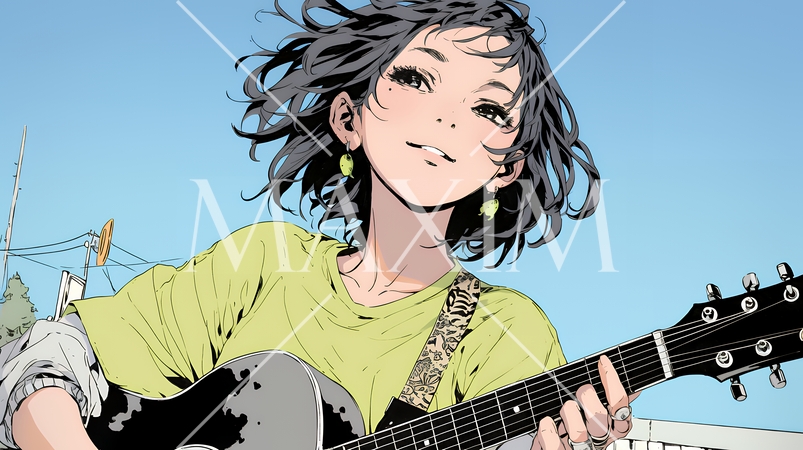 ギターを弾いている若い女性