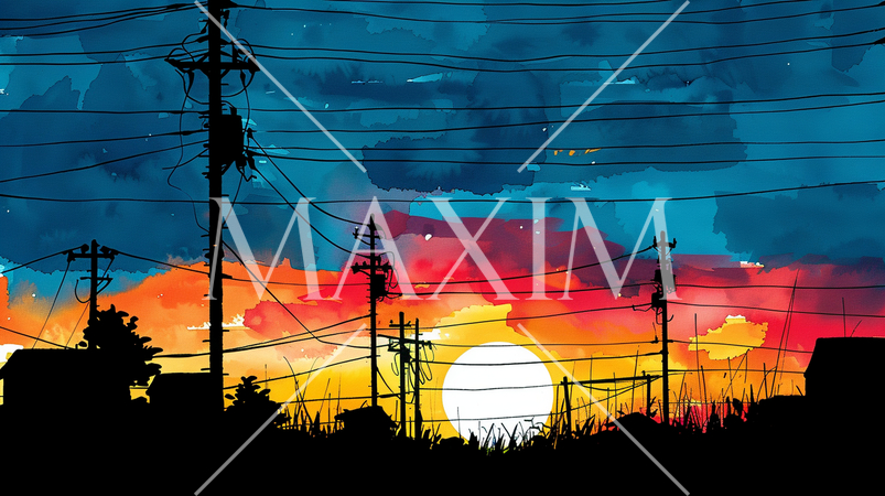 電線がやたら多い町のきれいな夕日