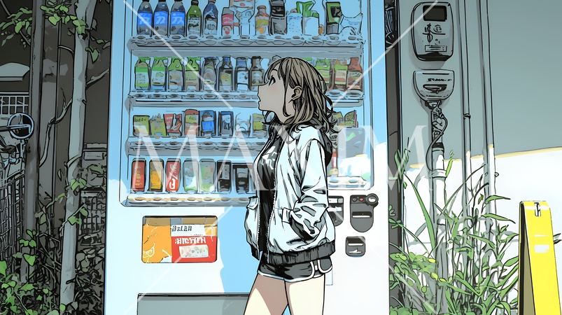 自動販売機で飲み物を購入する若い女性｜日常・ライフスタイル・屋外シーン