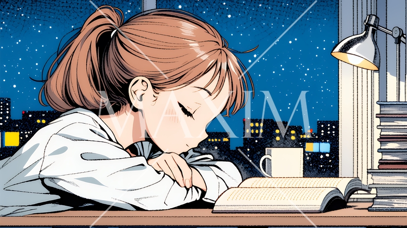 資料（本）を読みながら、うとうと眠ってしまう若い女性