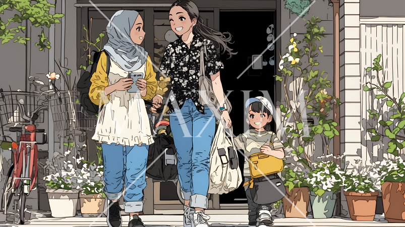 道端で会話を楽しむ若い主婦たち（ママ友たち）