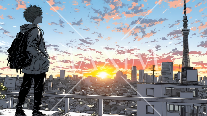 大都会の日没（日の出）とランドスケープを眺めている若い男性